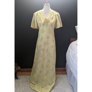 Vtg Handmade Maxi Dress Yellow Floral Flutter Sleeve Rosette 1930s Style Size 10